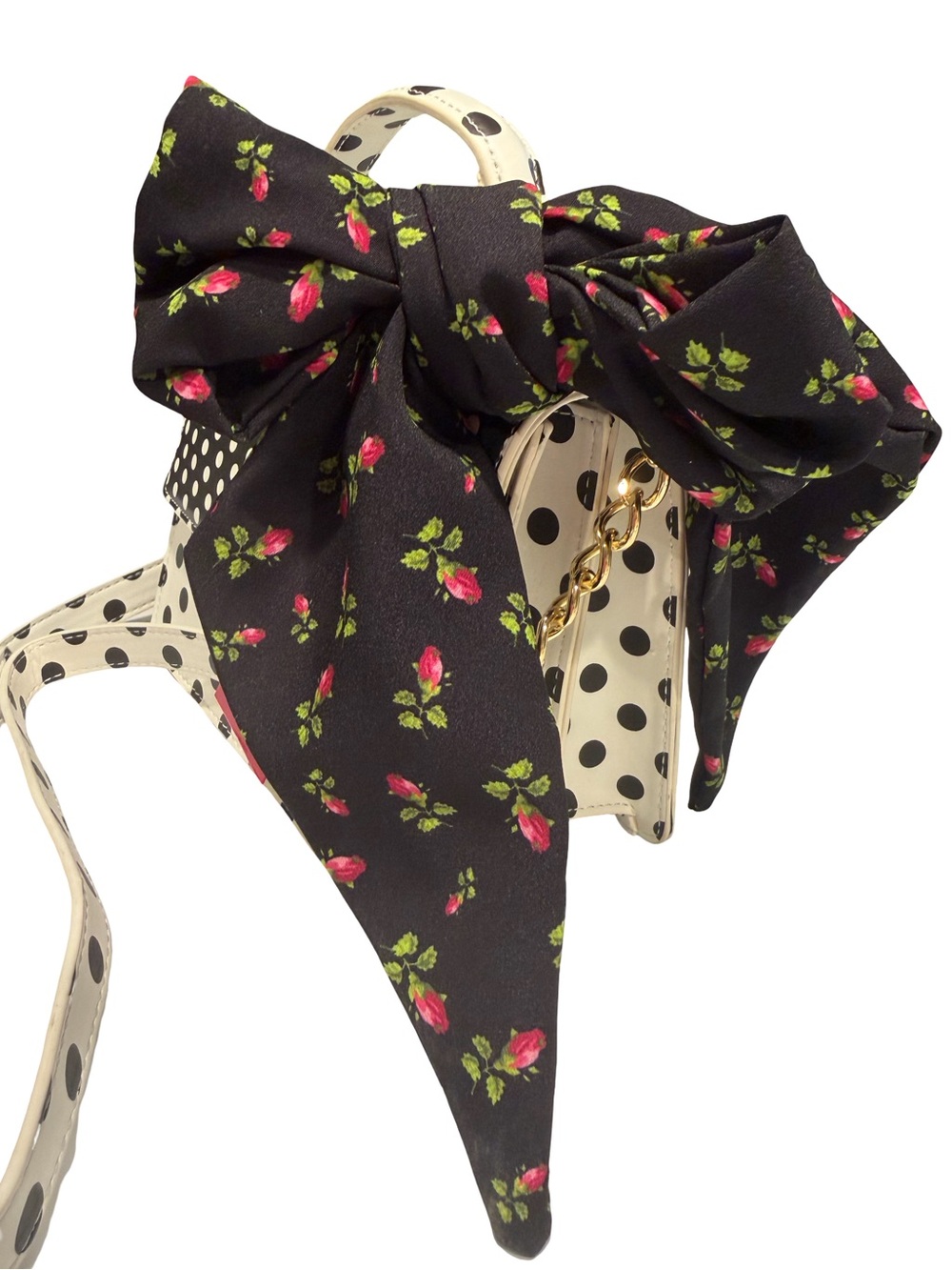 Betsey Johnson NWT Black & White Polka Dot Crossbody with Floral Bow (P244) - Picture 2 of 12